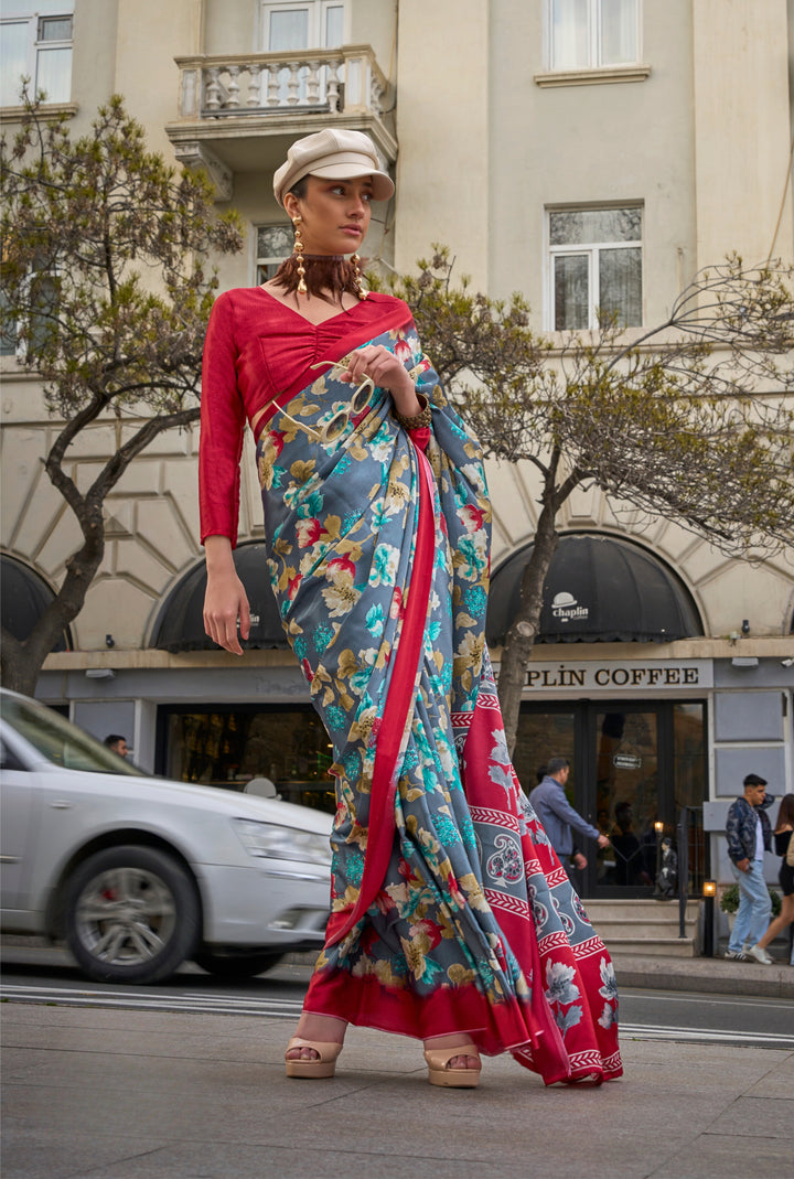 MAROON COLOR SATIN CREPE PRINT SAREE