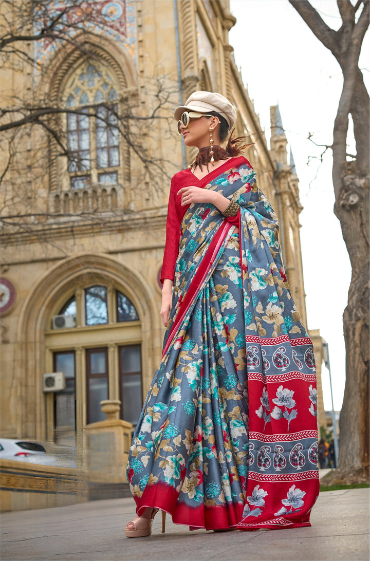 MAROON COLOR SATIN CREPE PRINT SAREE