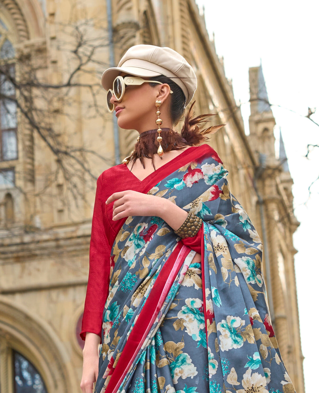 MAROON COLOR SATIN CREPE PRINT SAREE