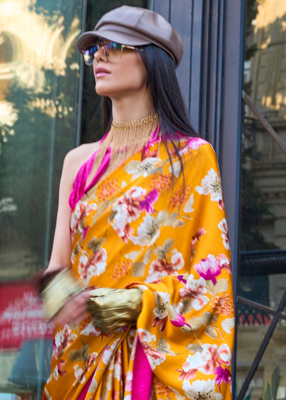 Saffron Yellow Contemporary Printed Satin Crepe Saree - qivii