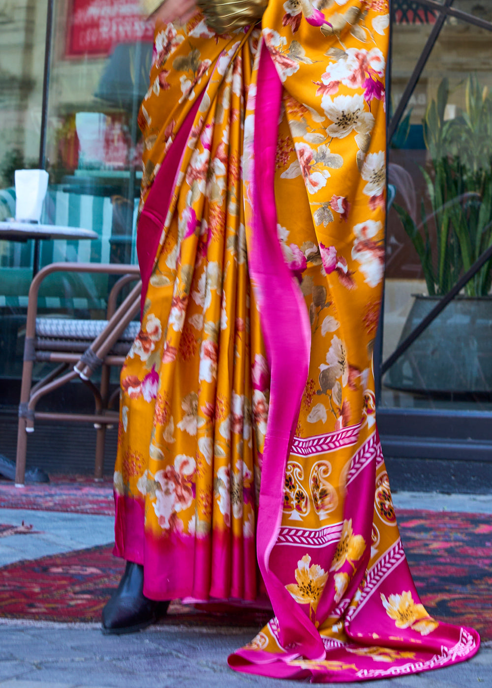 Saffron Yellow Contemporary Printed Satin Crepe Saree - qivii