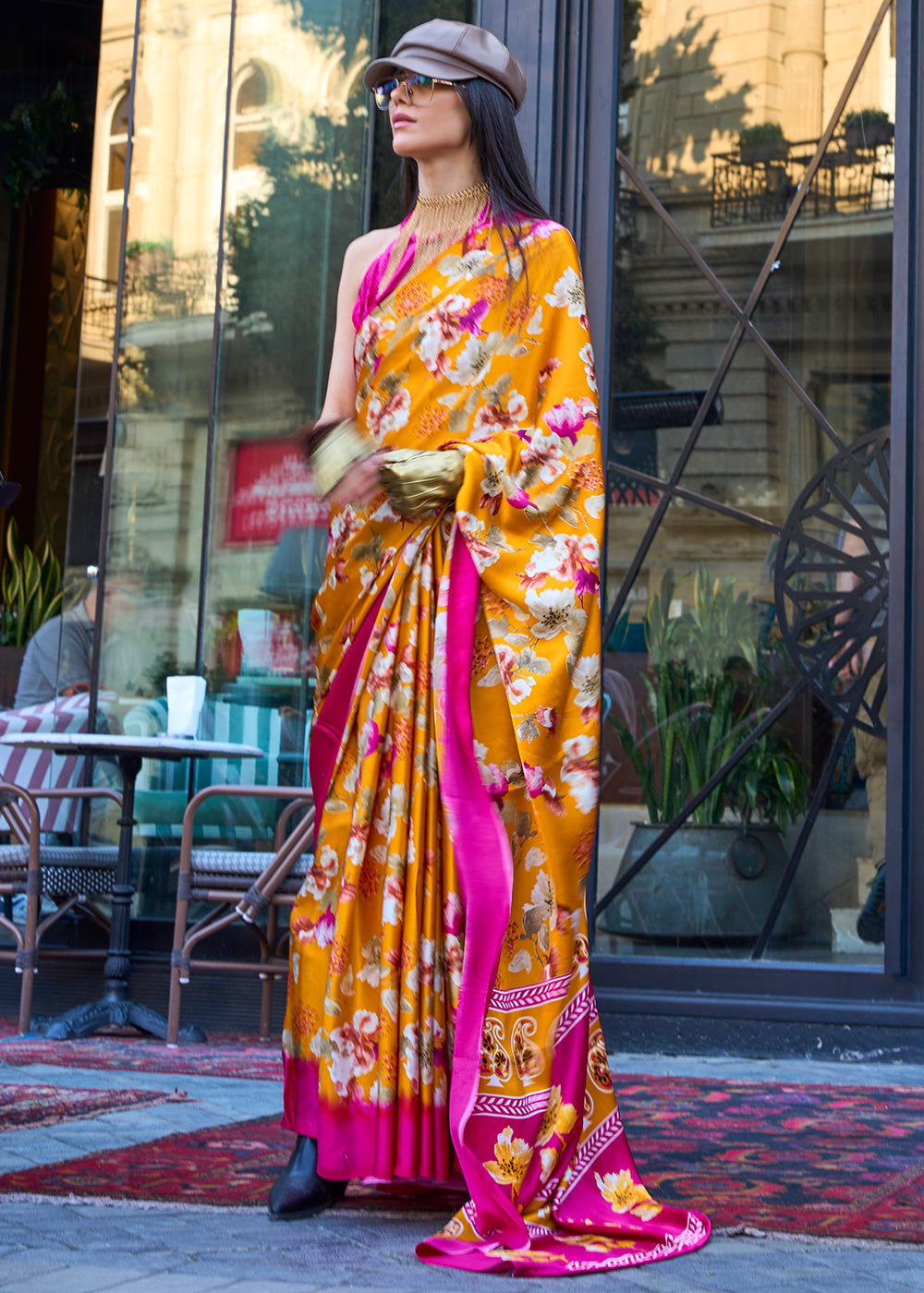 Saffron Yellow Contemporary Printed Satin Crepe Saree - qivii