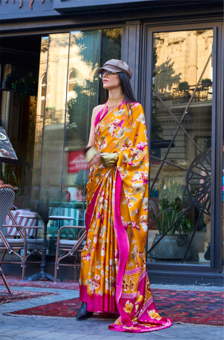 MUSTARD YELLOW COLOR SATIN CREPE PRINT SAREE