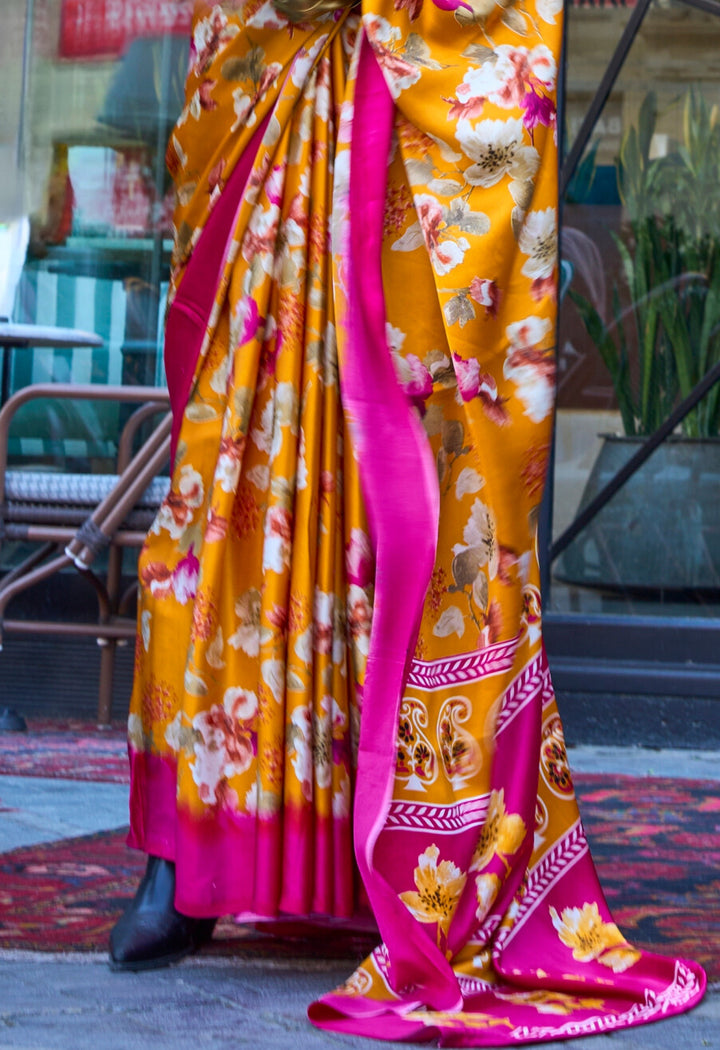 MUSTARD YELLOW COLOR SATIN CREPE PRINT SAREE