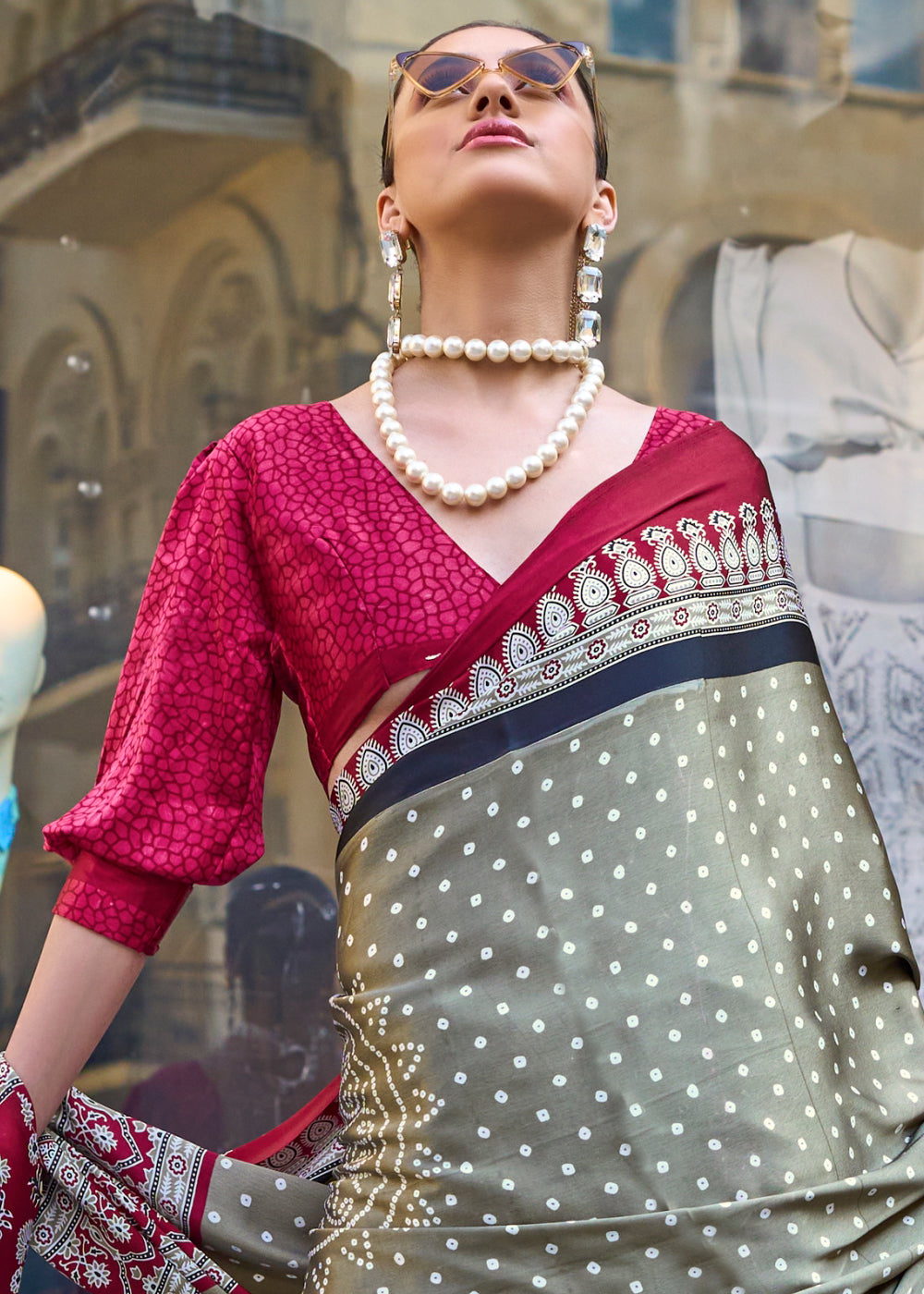 Seal Grey Contemporary Printed Satin Crepe Saree - qivii