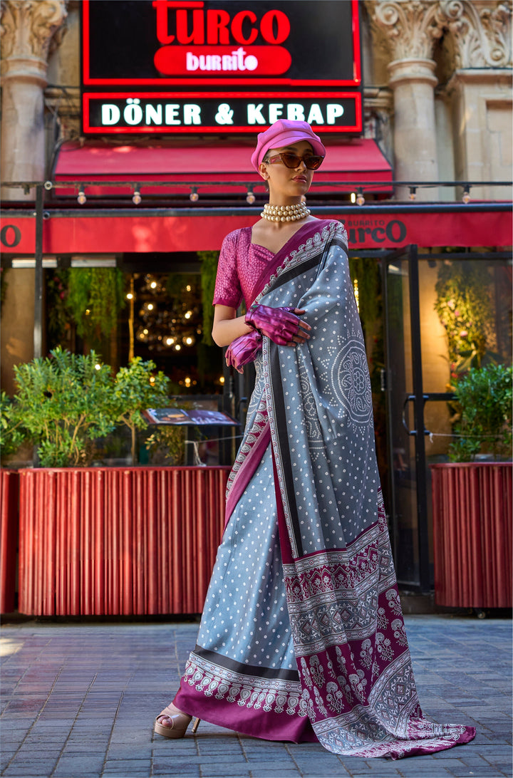 PURPLE AND LIGHT GREY COLOR SATIN CREPE PRINT SAREE