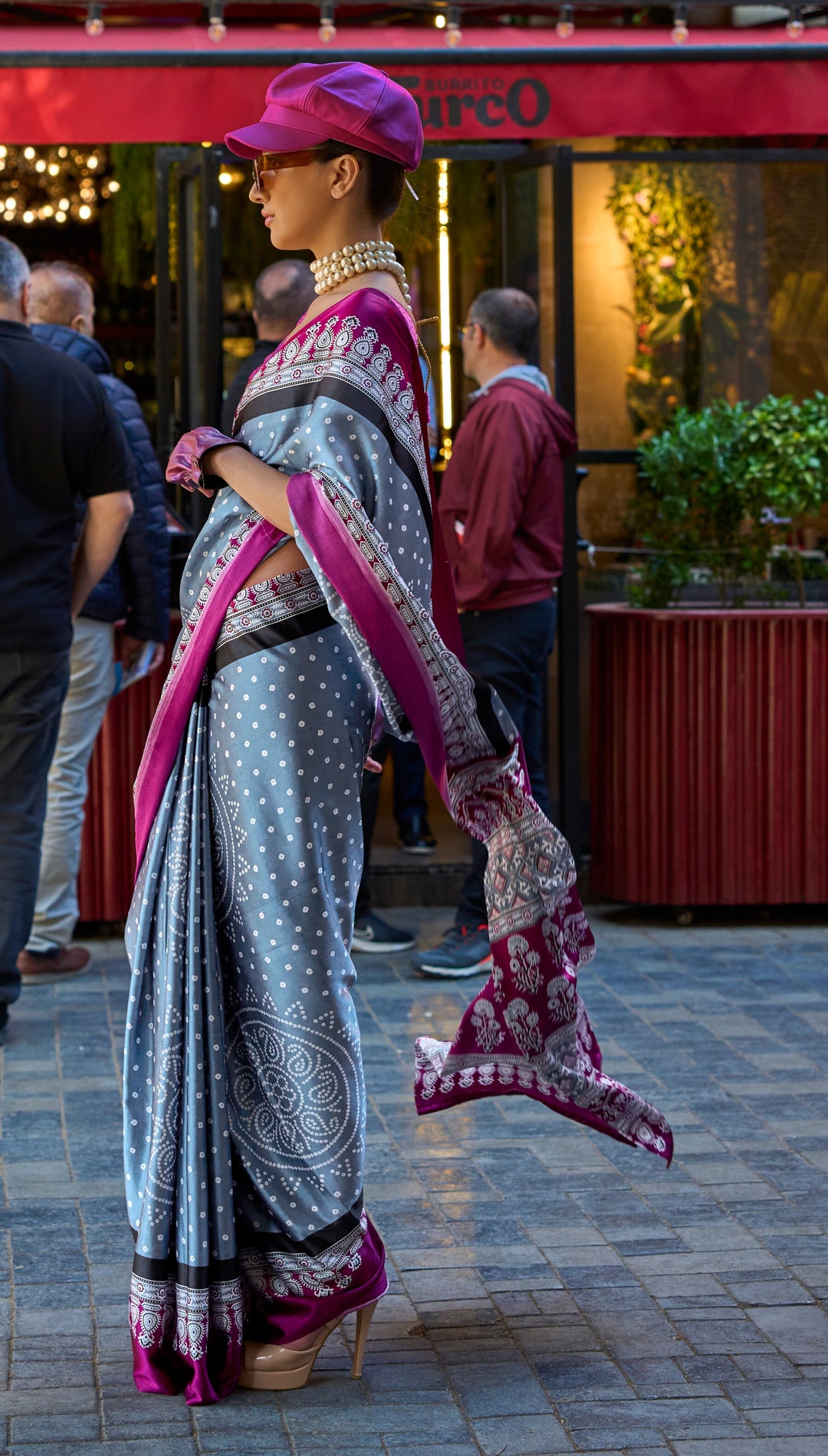 PURPLE AND LIGHT GREY COLOR SATIN CREPE PRINT SAREE