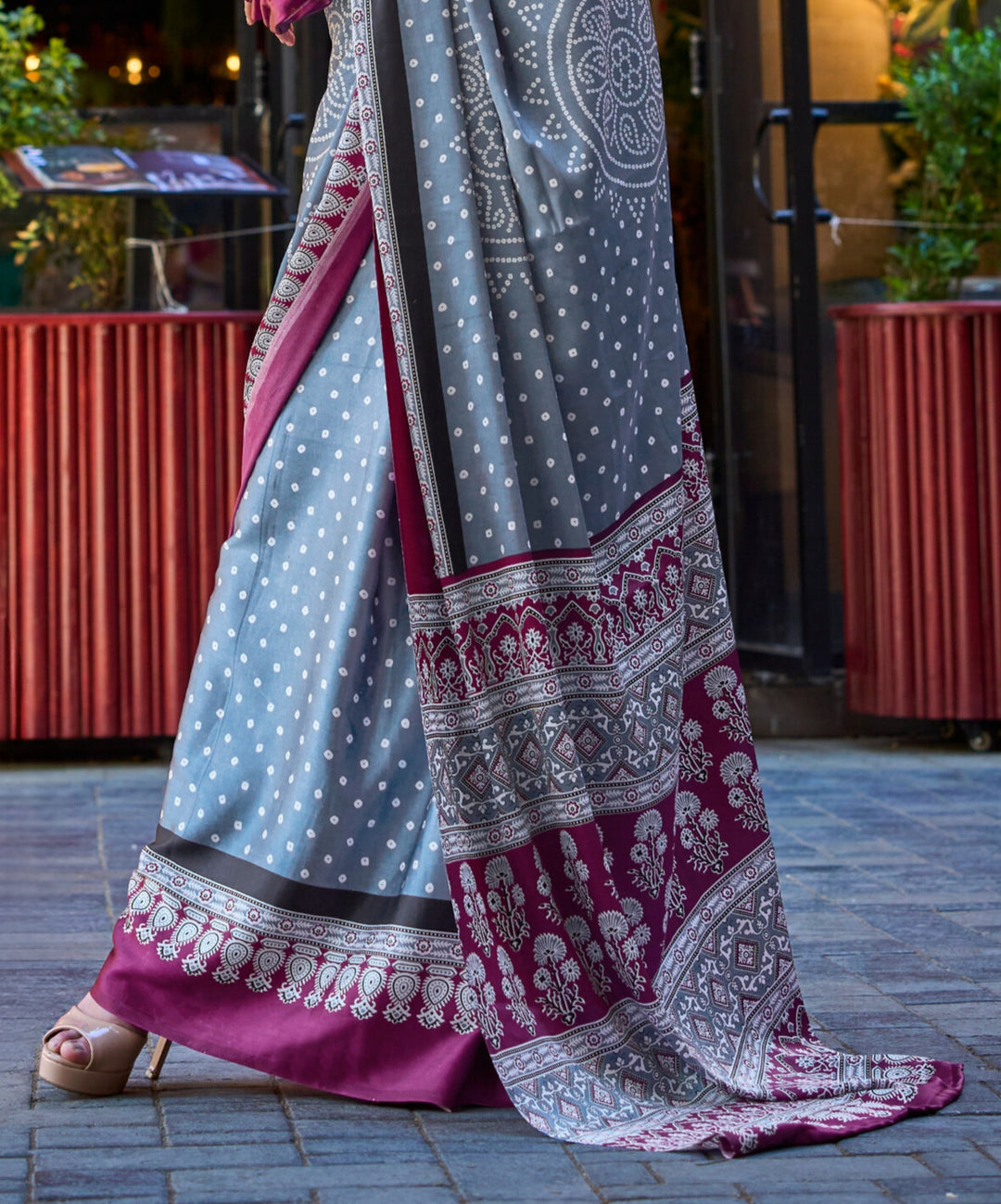 PURPLE AND LIGHT GREY COLOR SATIN CREPE PRINT SAREE