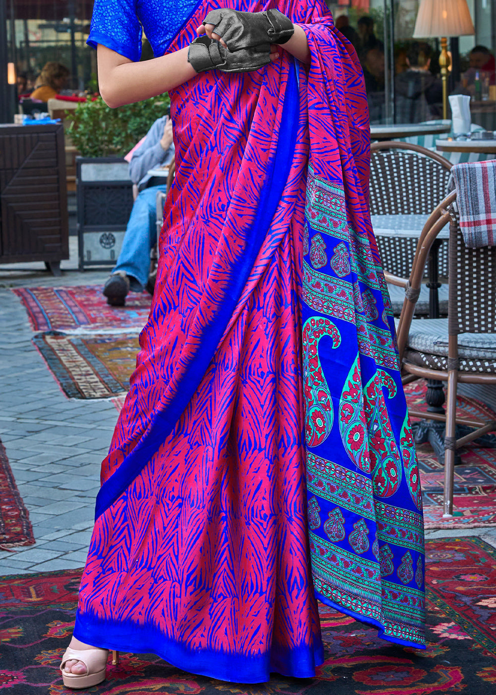Deep Pink Contemporary Printed Satin Crepe Saree - qivii