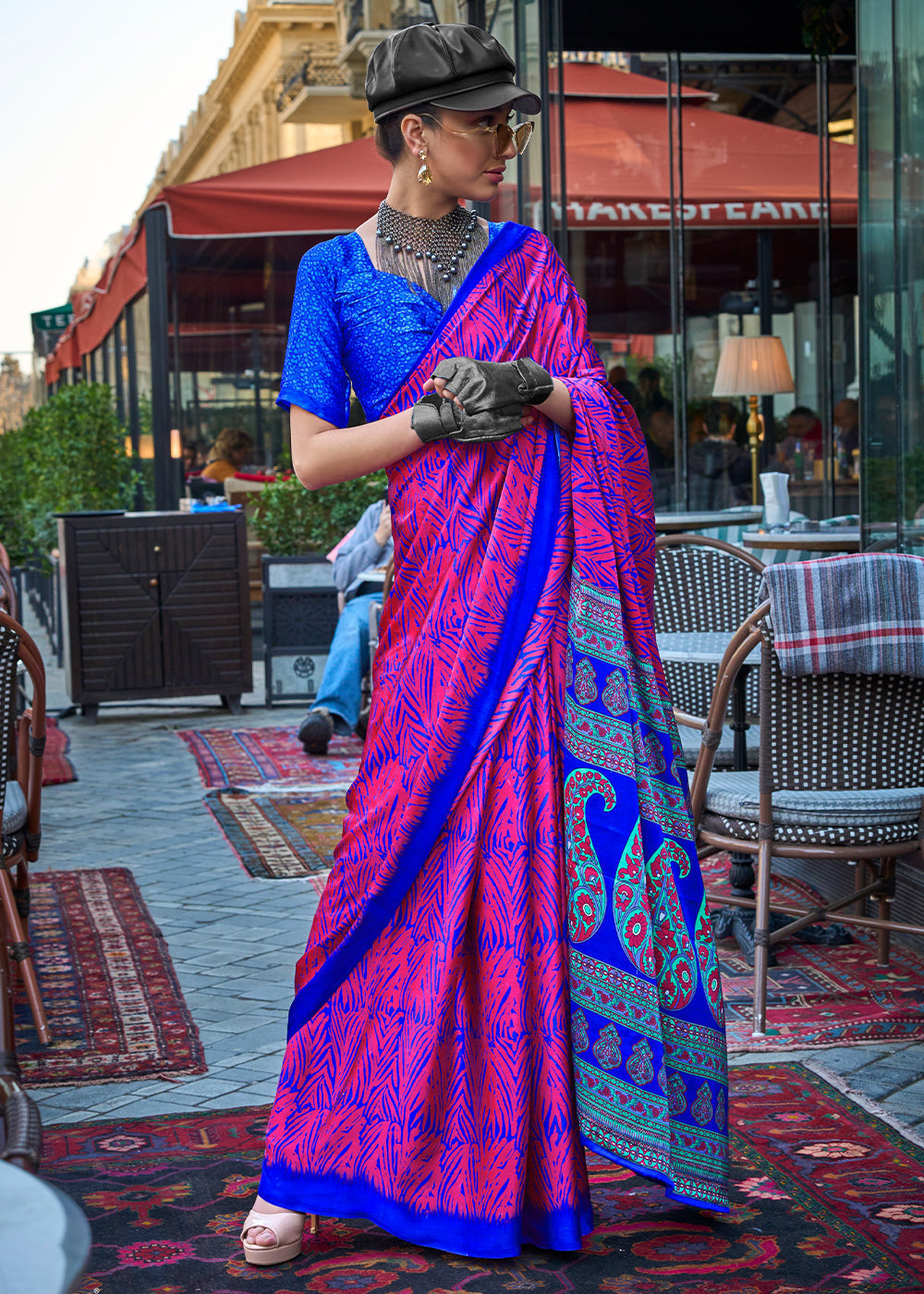 Deep Pink Contemporary Printed Satin Crepe Saree - qivii