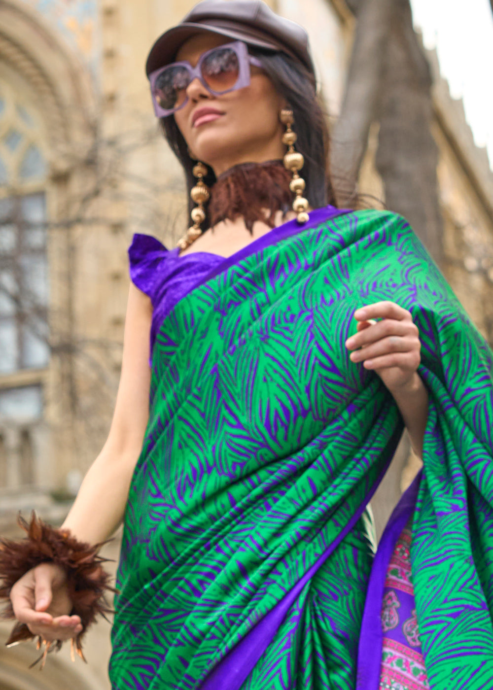 Shamrock Green Contemporary Printed Satin Crepe Saree - qivii