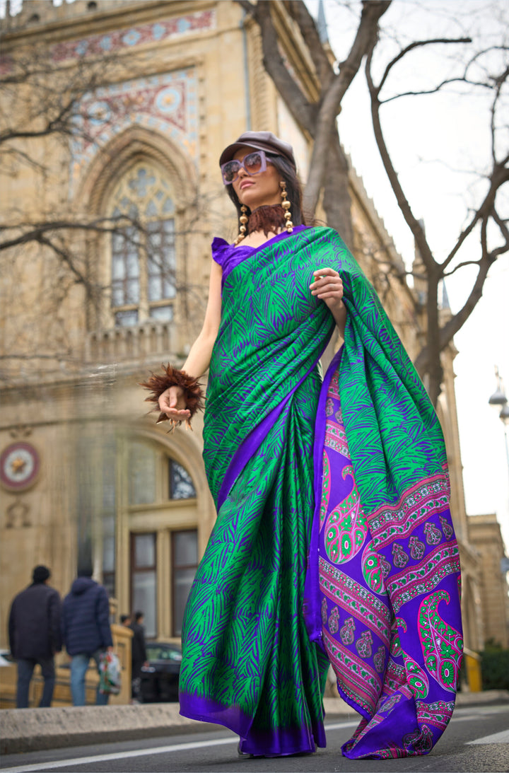 GREEN COLOR SATIN CREPE PRINT SAREE