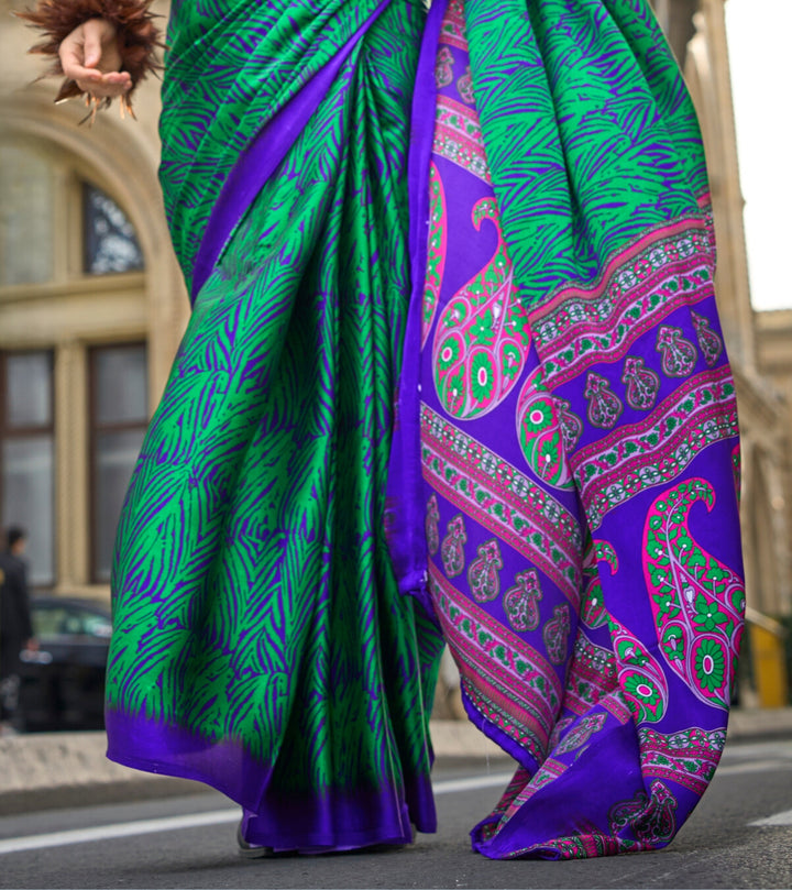 GREEN COLOR SATIN CREPE PRINT SAREE