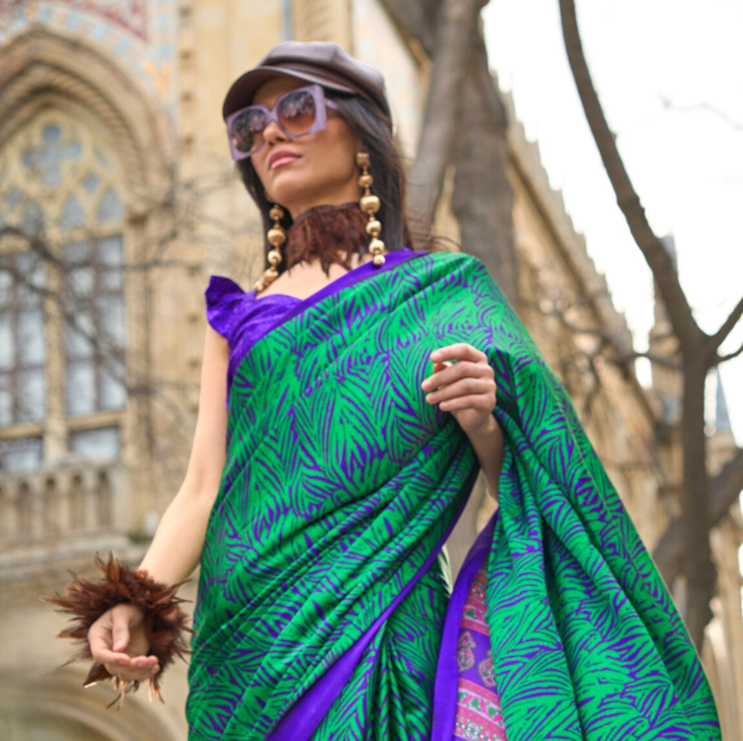 GREEN COLOR SATIN CREPE PRINT SAREE