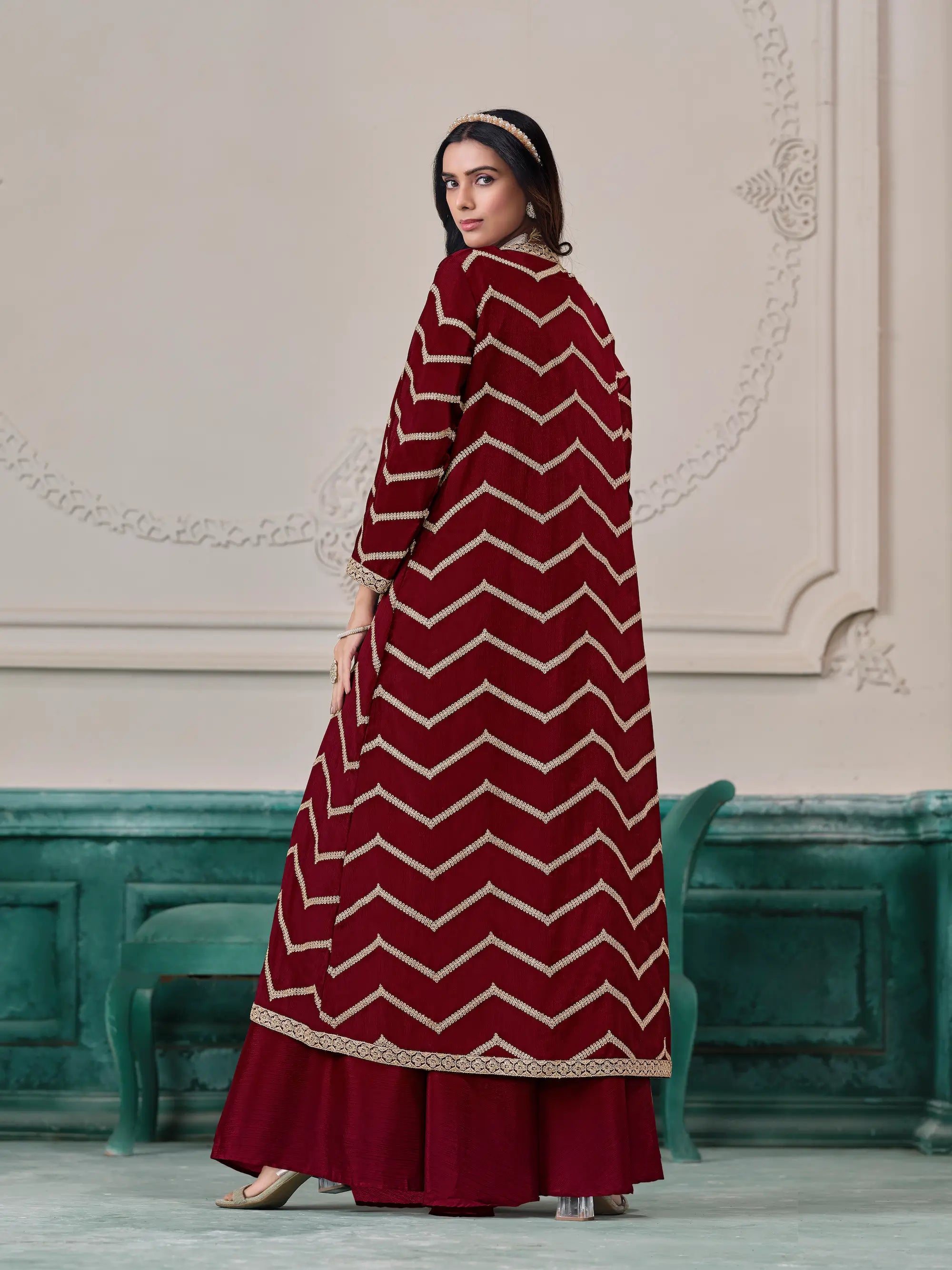 Maroon Chinon Indo-Western Set With Embroidery Work - qivii