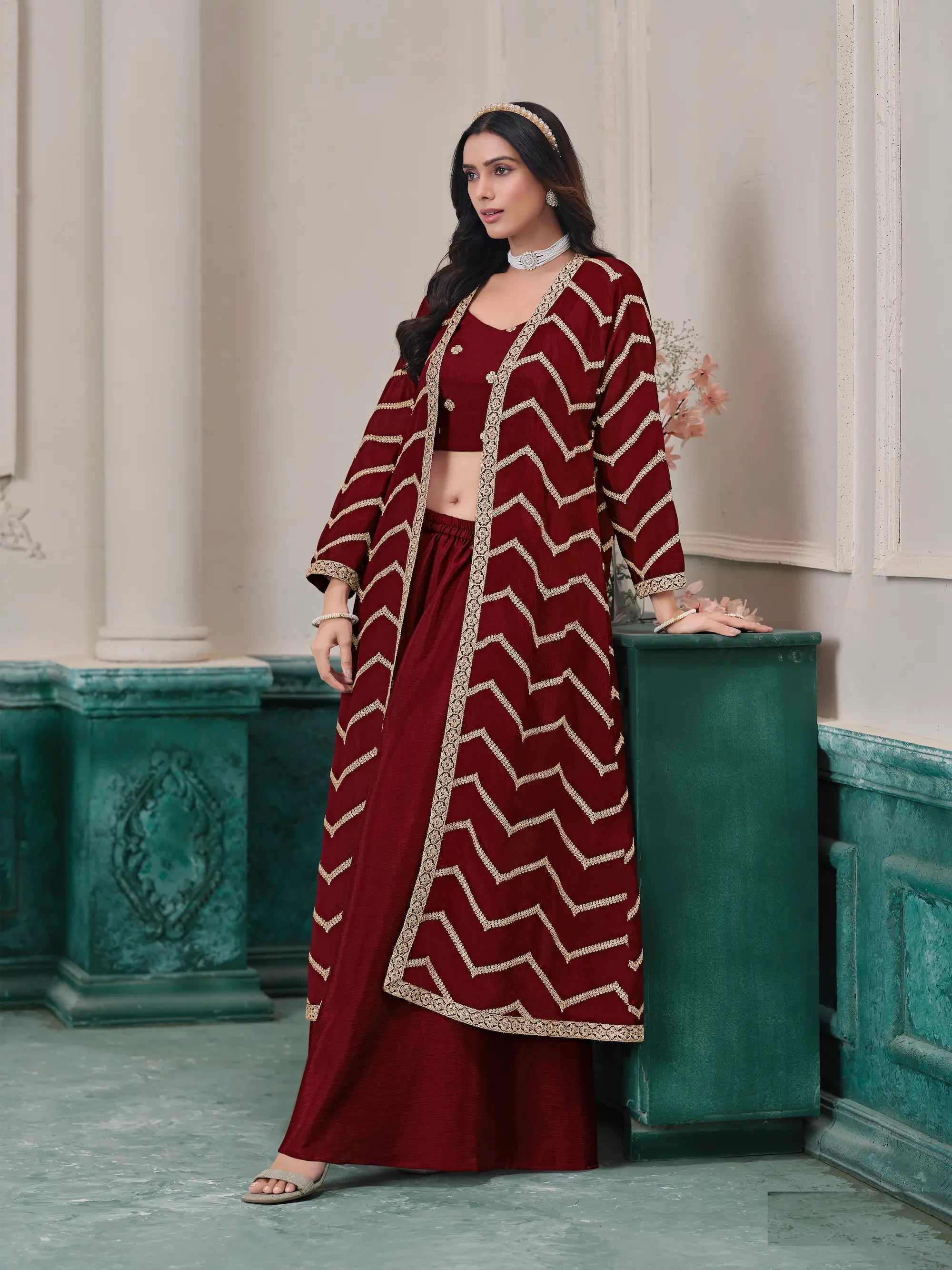 Maroon Chinon Indo-Western Set With Embroidery Work - qivii