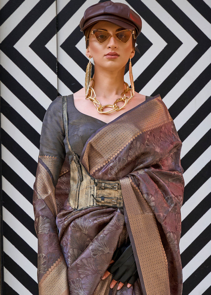 Dark Greyish Brown Handwoven Two Tone Organza Silk Saree