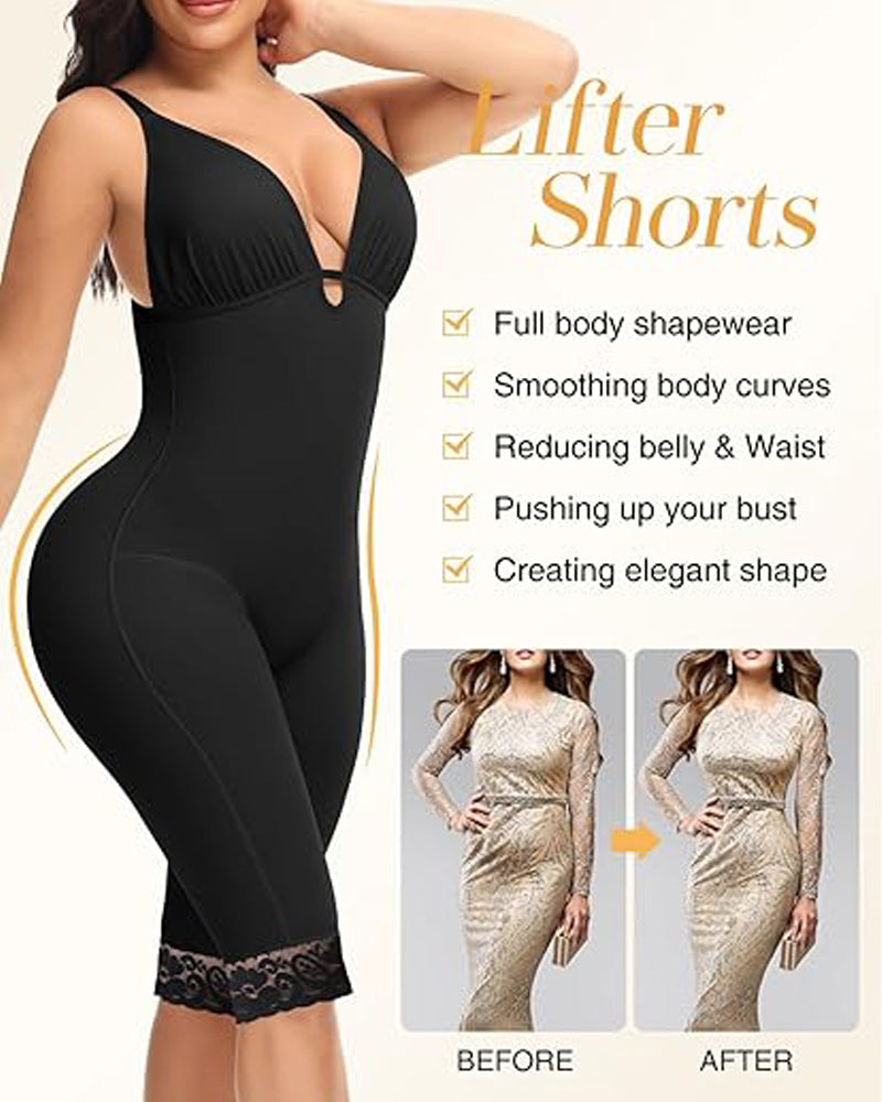 U Plunge Tummy Control Mid Thigh Bodysuit Seamless Full Body Fajas Shapewear  - By Qivii