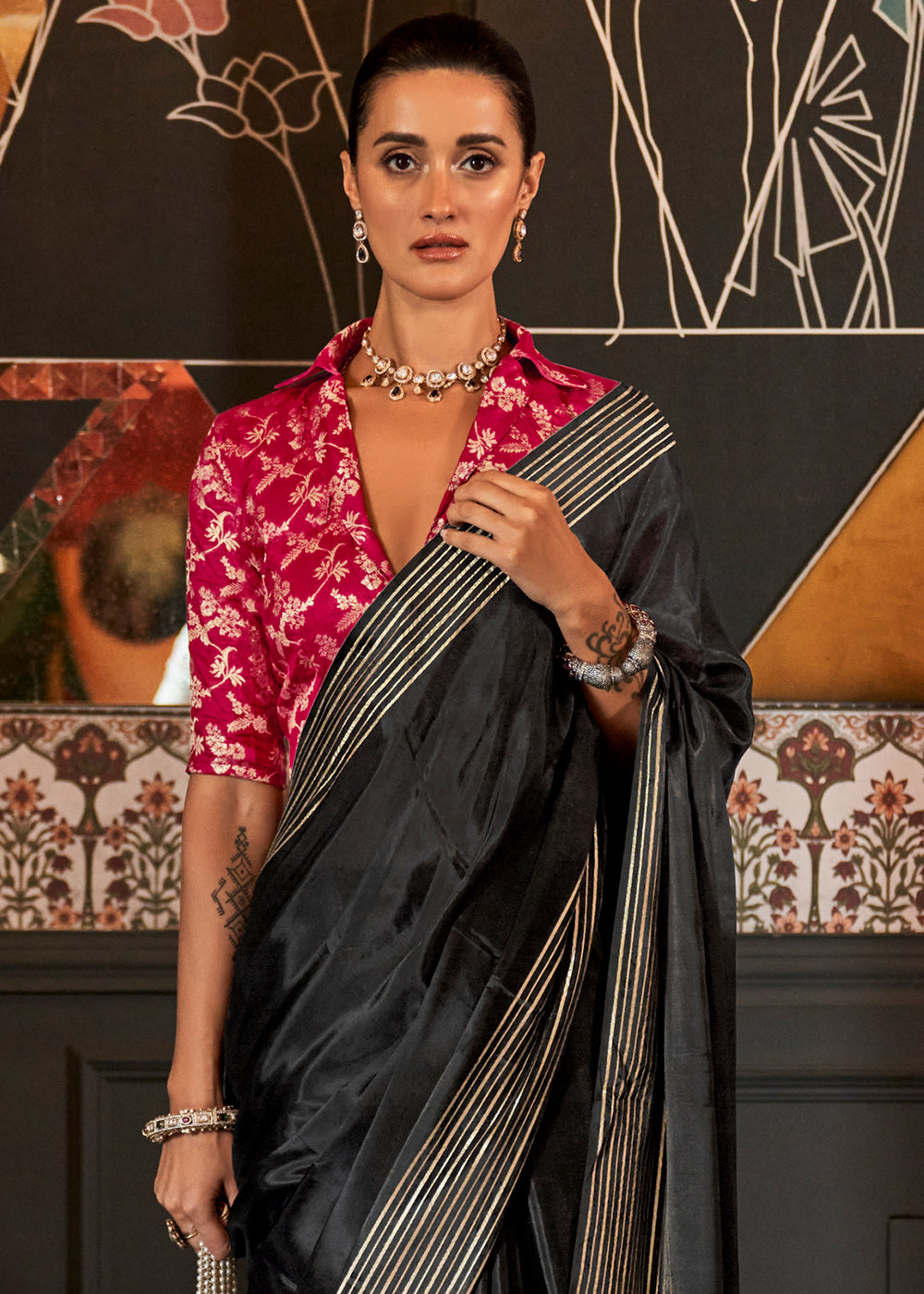 Pebble Black Handloom Woven Viscose Satin Saree with Contrast Blouse