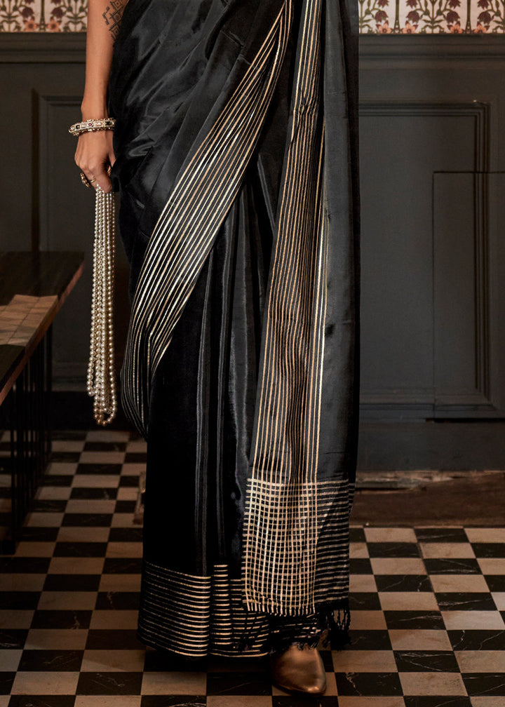 Pebble Black Handloom Woven Viscose Satin Saree with Contrast Blouse