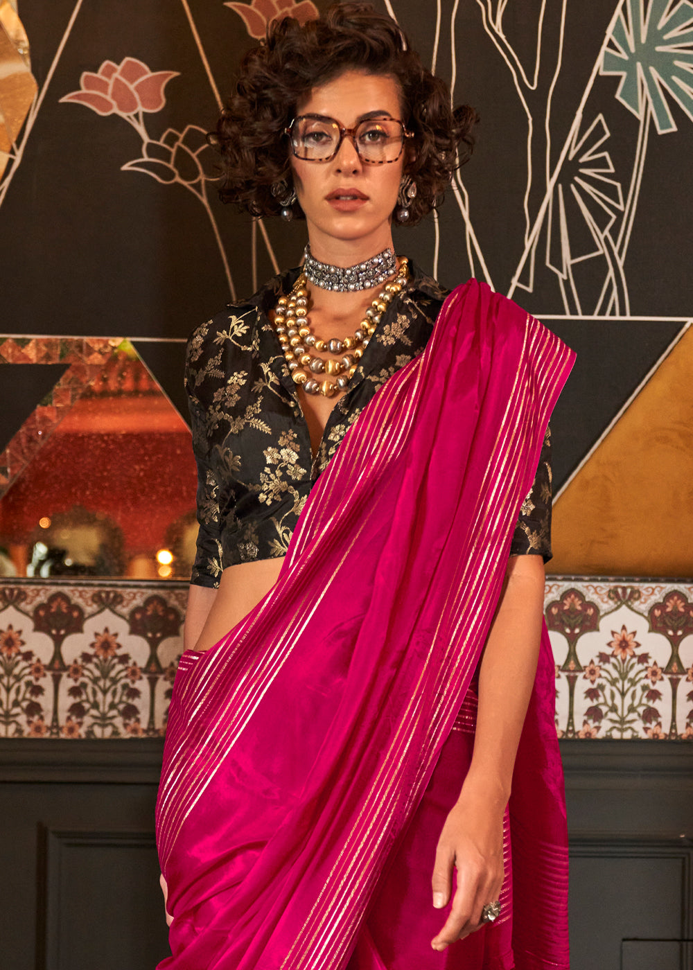 Elegant drape of Wild Berry Pink Handloom Woven Viscose Satin Saree on model