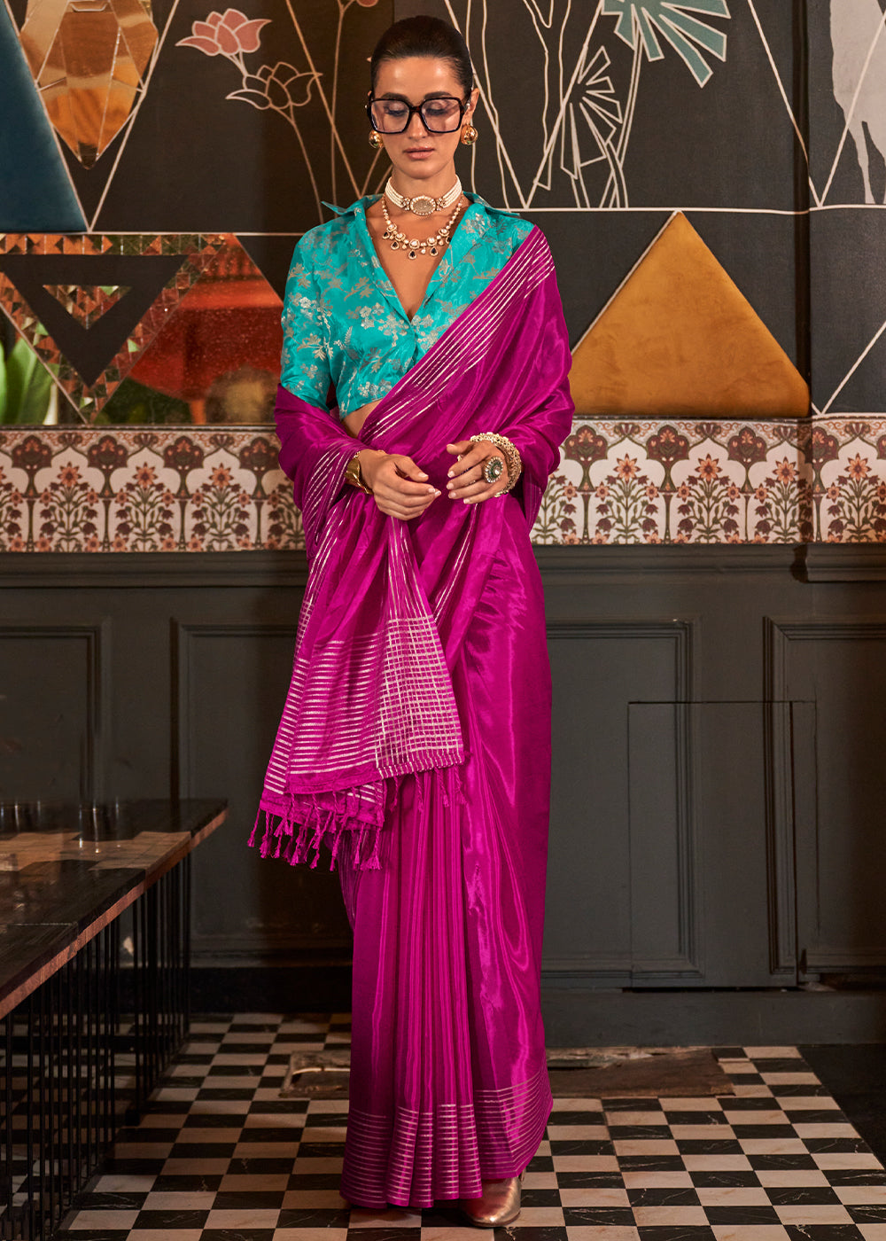 Elegant magenta pink handloom woven saree with floral motifs