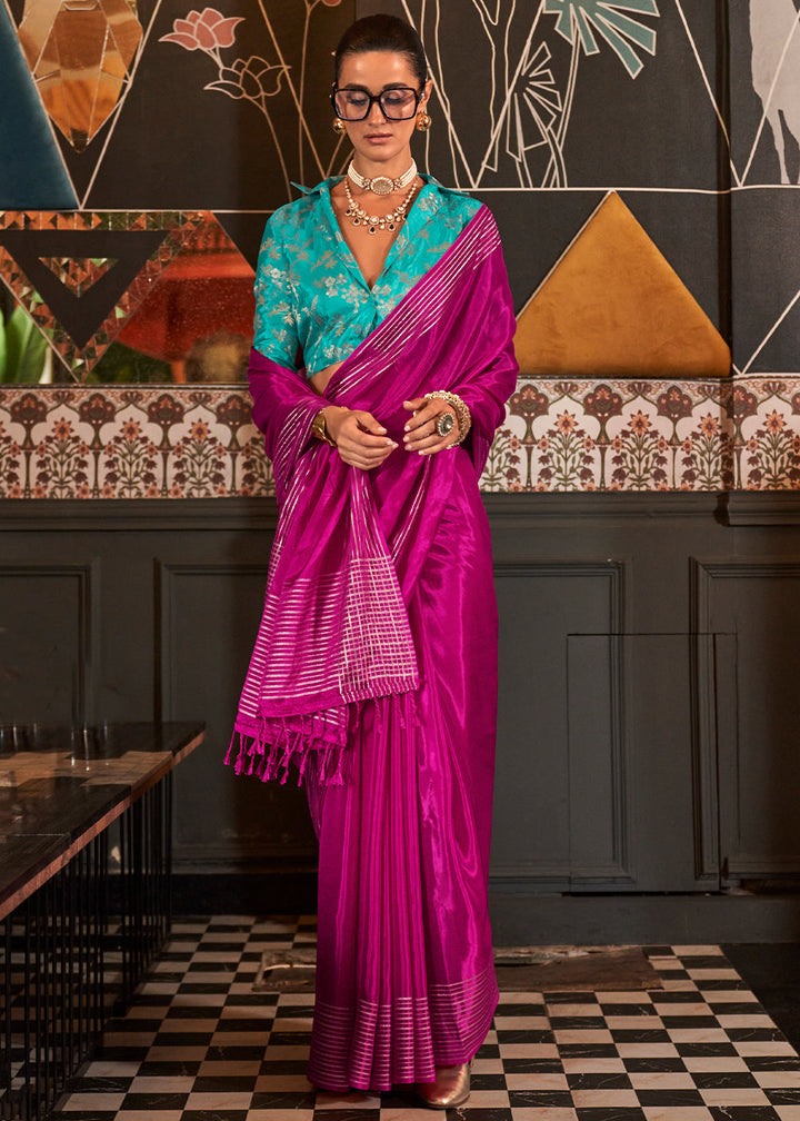 Elegant magenta pink handloom woven saree with floral motifs