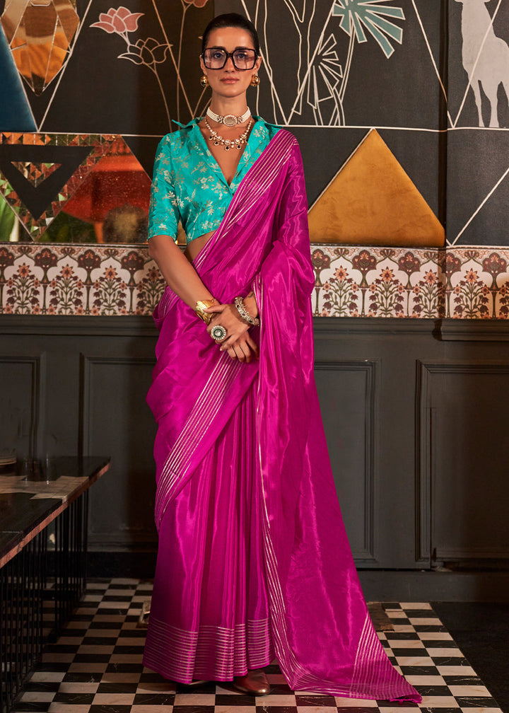 Magenta pink handloom woven viscose satin saree with contrast blouse, perfect for special occasions and events