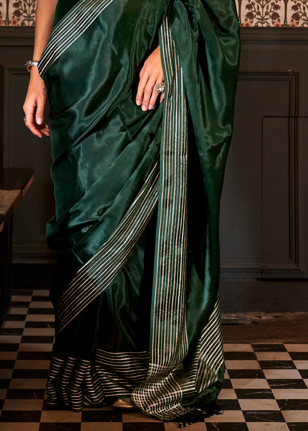 Beautiful Sacramento Green Handloom Woven Viscose Satin Saree with Contrasting Blouse