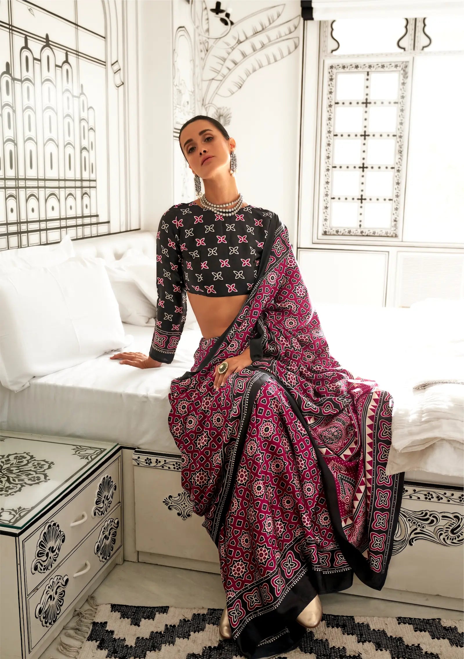 Maroon Ajrakh Printed Satin Crepe Silk Saree