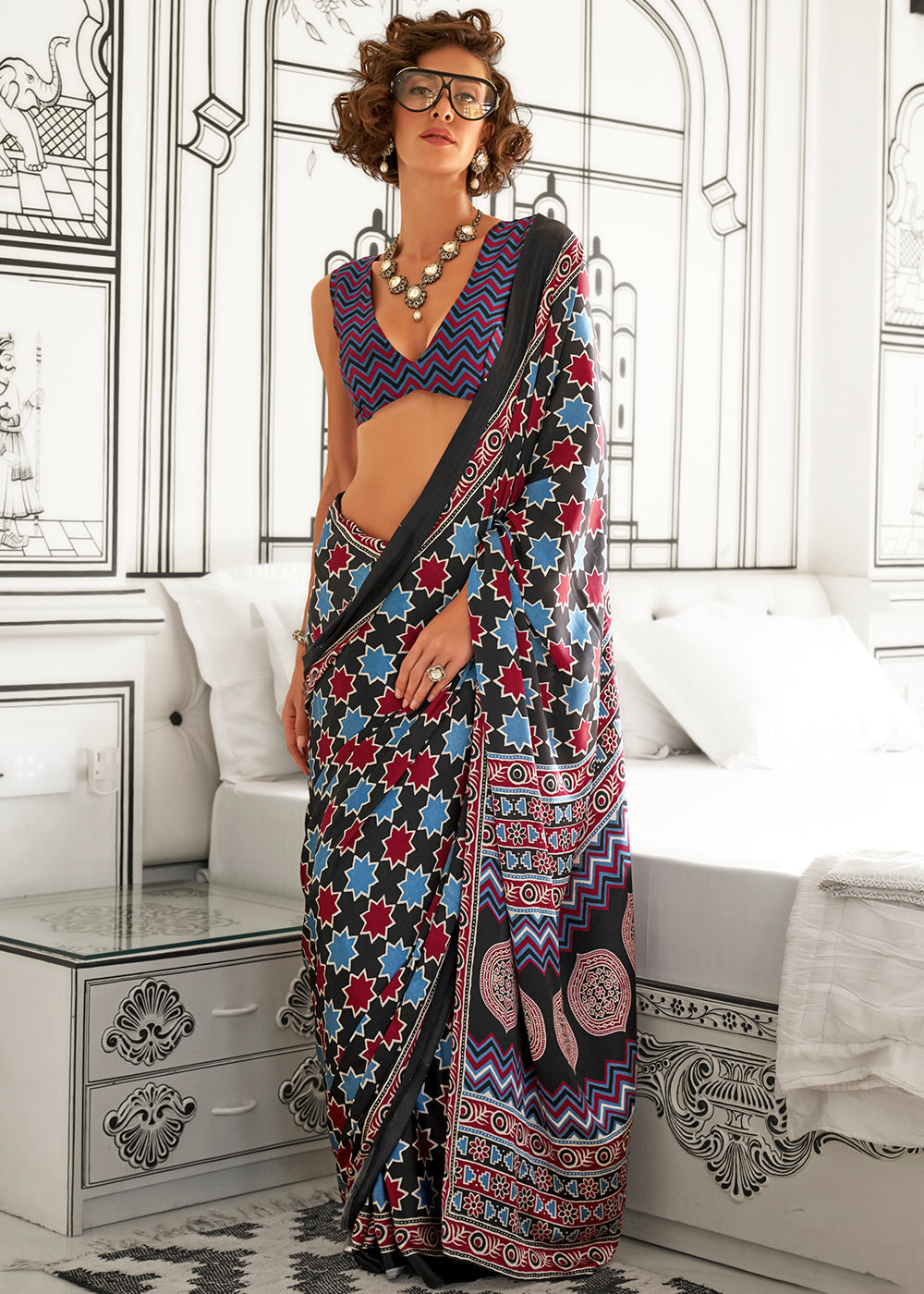 Sky Blue Ajrakh Printed Satin Crepe Saree - qivii