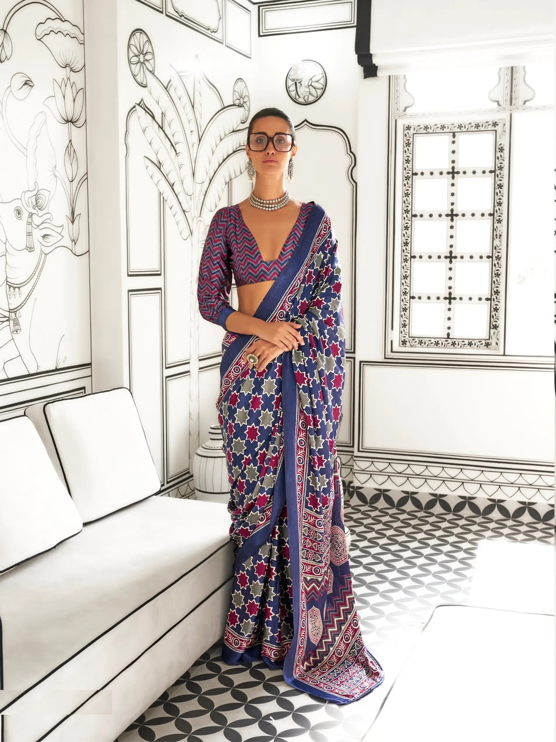 Blue Multicolor Ajrakh Printed Satin Crepe Silk Saree - qivii