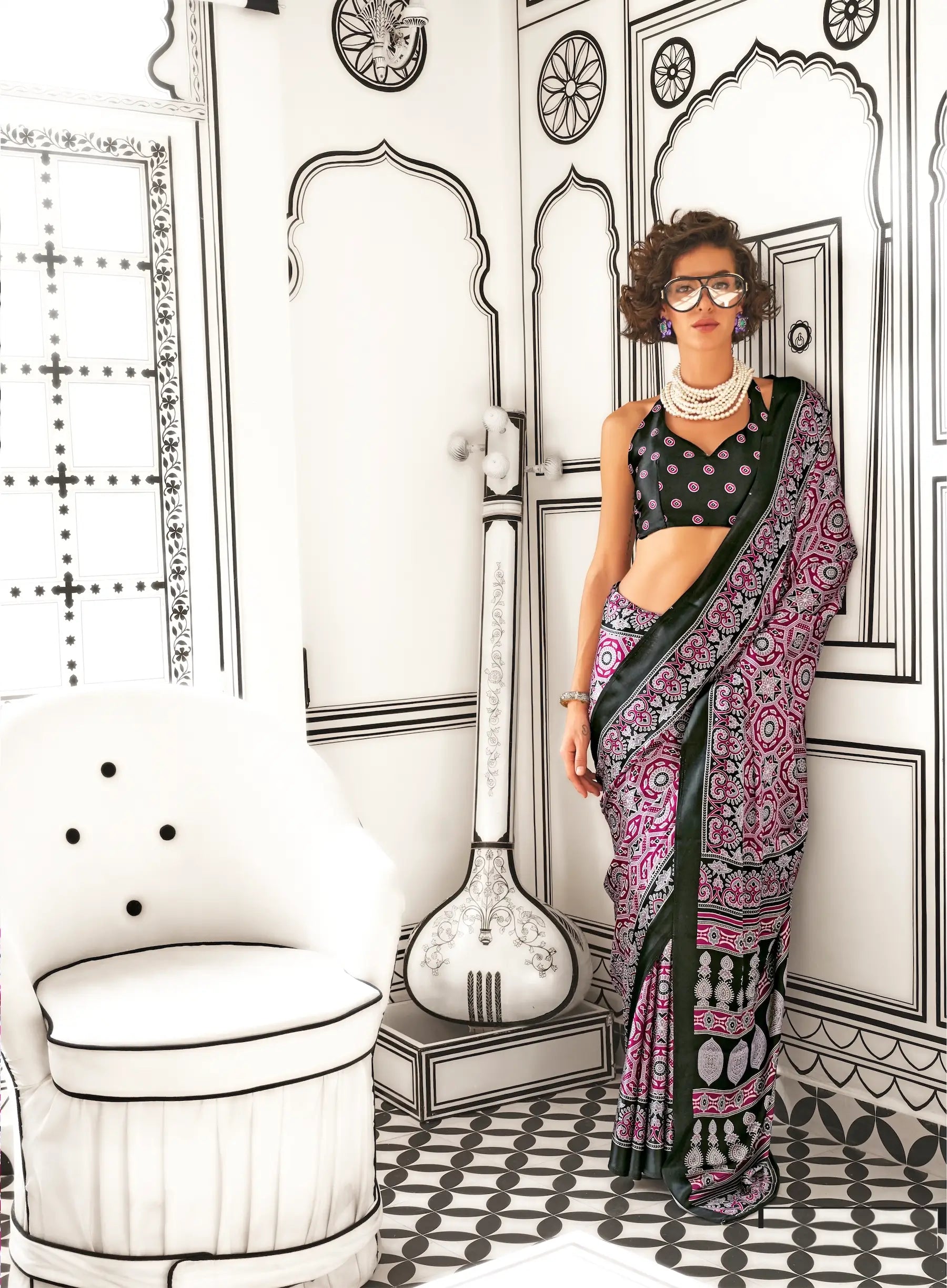 Black-Dark Pink Ajrakh Printed Satin Crepe Silk Saree - qivii