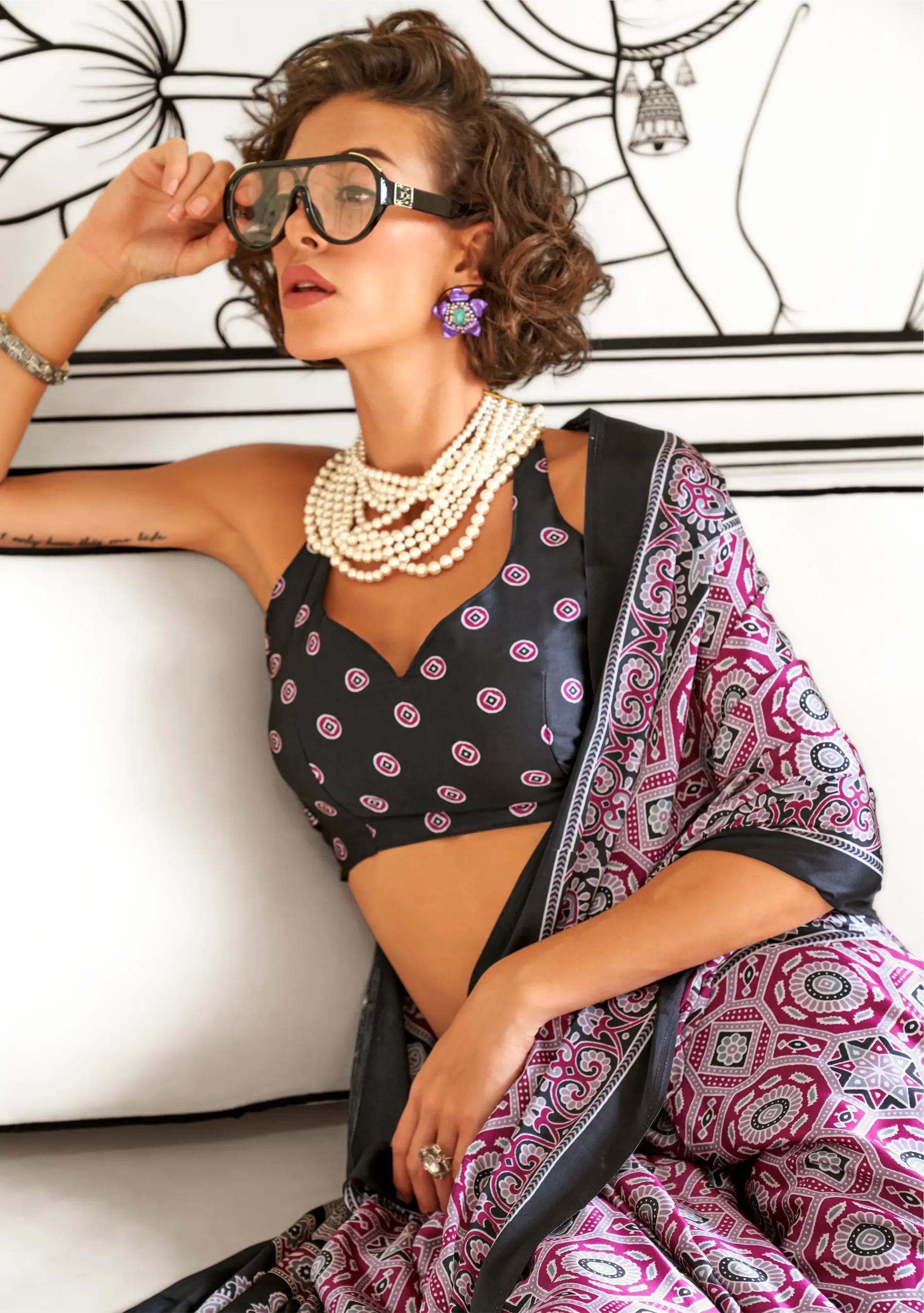 Black-Dark Pink Ajrakh Printed Satin Crepe Silk Saree - qivii