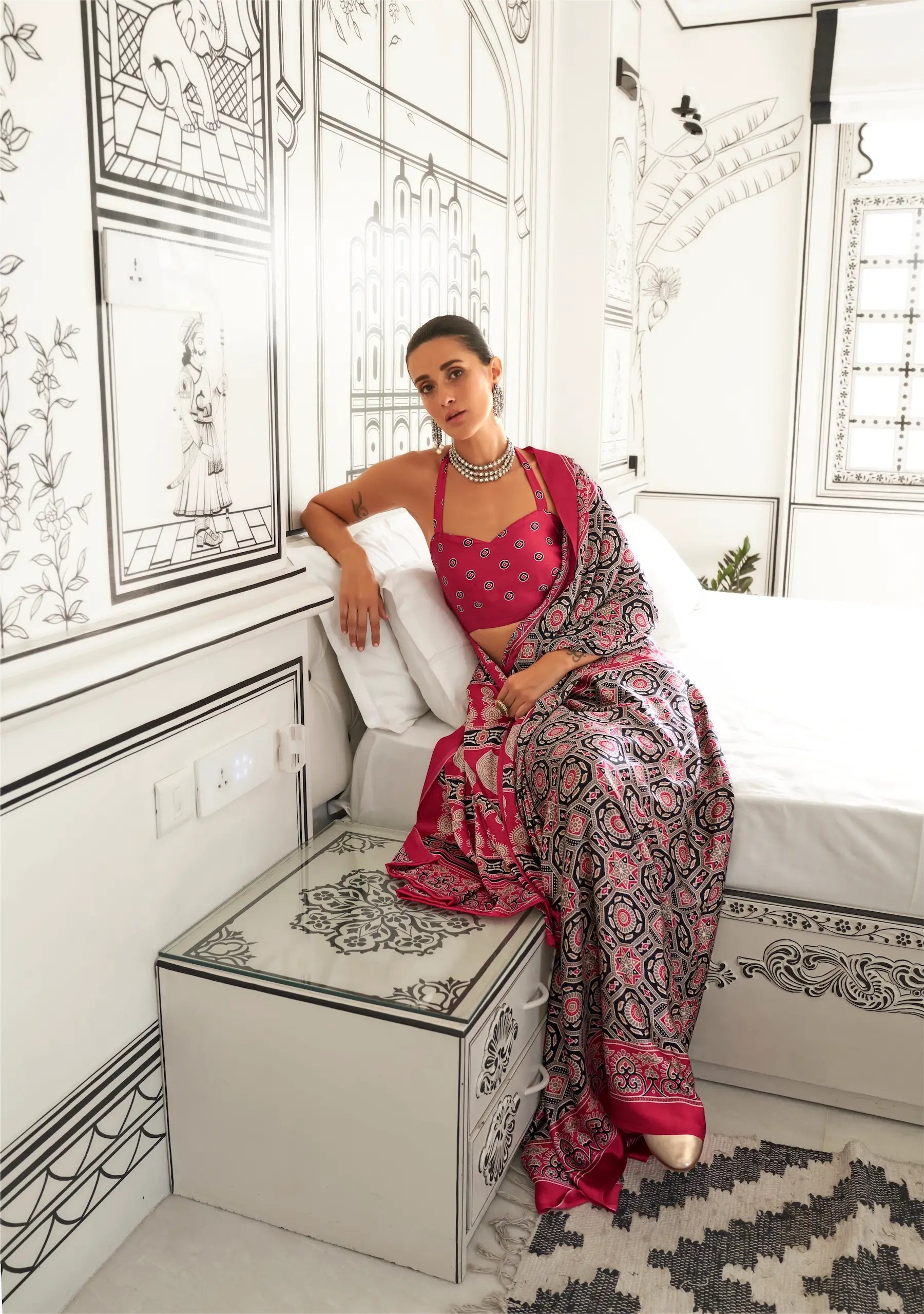 Red-Black Ajrakh Printed Satin Crepe Silk Saree - qivii