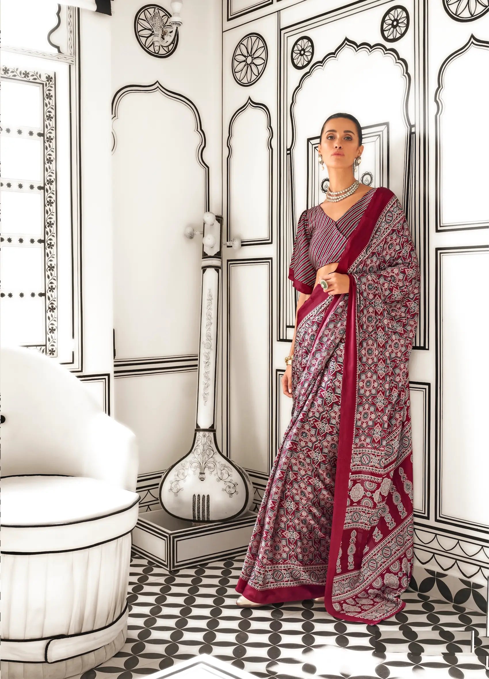 Dark Red Ajrakh Printed Satin Crepe Silk Saree - qivii