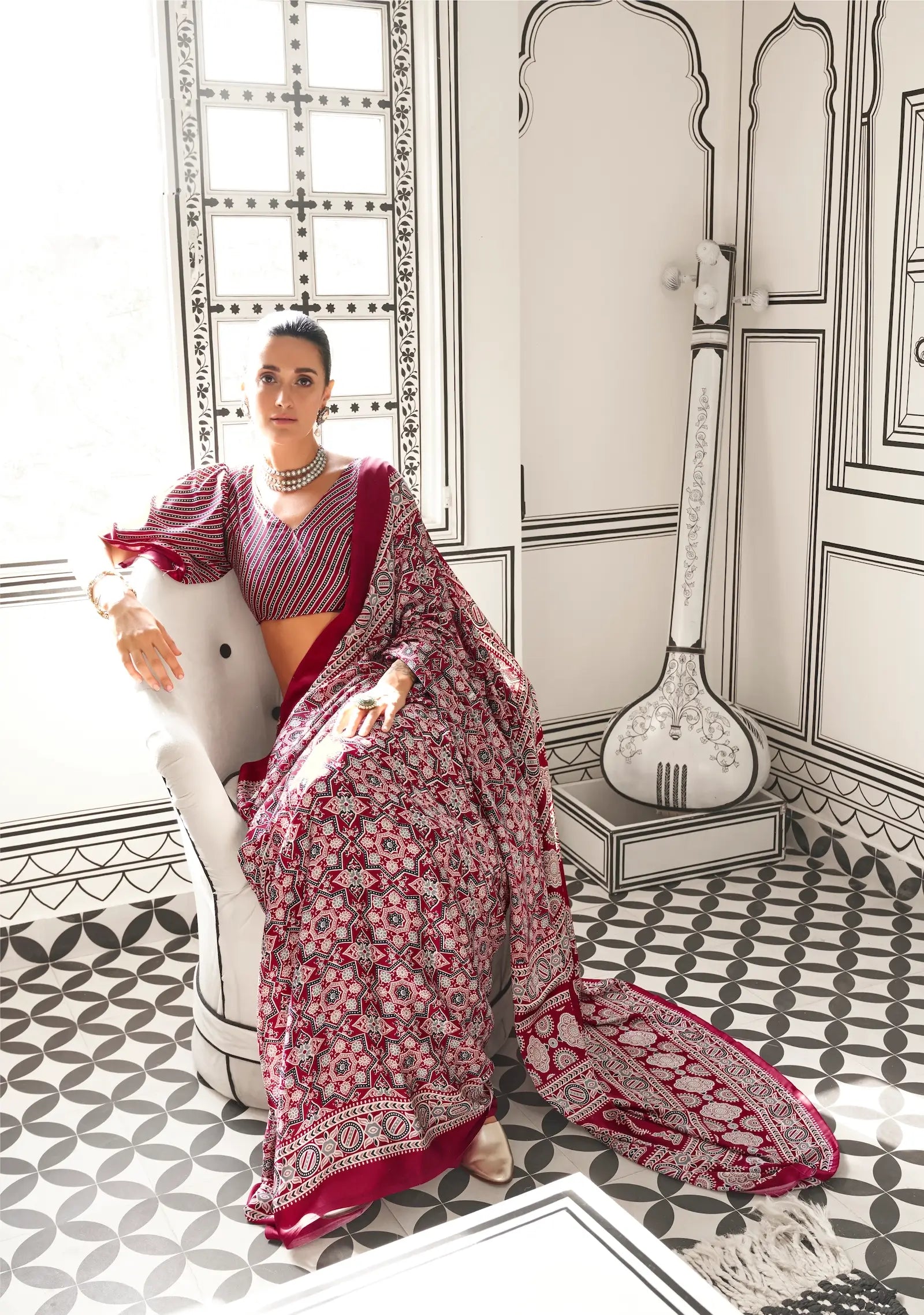Dark Red Ajrakh Printed Satin Crepe Silk Saree - qivii