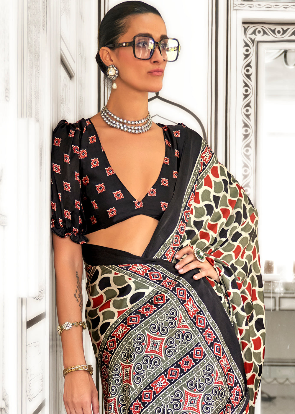 Orange & Green Ajrakh Printed Satin Crepe Saree - qivii