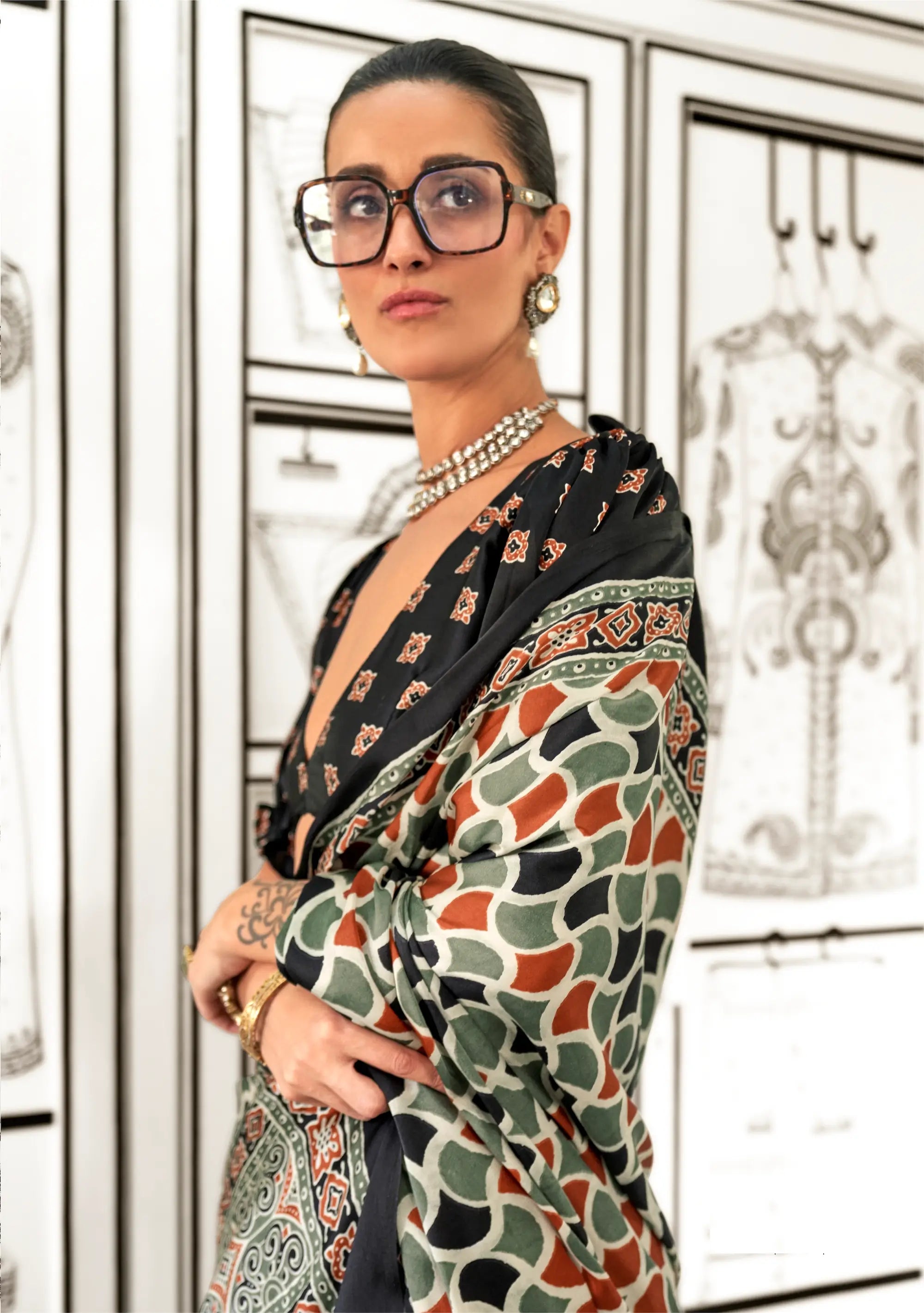 Black-Olive Ajrakh Printed Satin Crepe Silk Saree - qivii