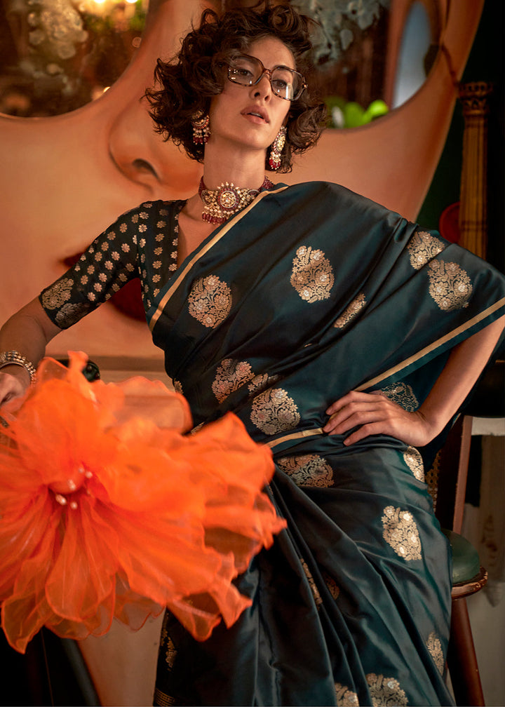 Beautiful Sacramento Green Zari Woven Satin Silk Saree with intricate Brocade Blouse