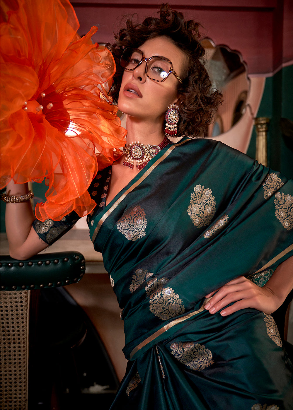 Sacramento Green Zari Woven Satin Silk Saree with Brocade Blouse