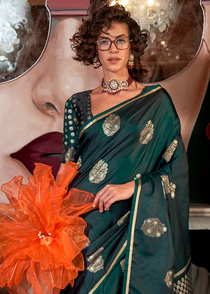 Luxurious Sacramento Green Zari Woven Satin Silk Saree with Intricate Brocade Blouse