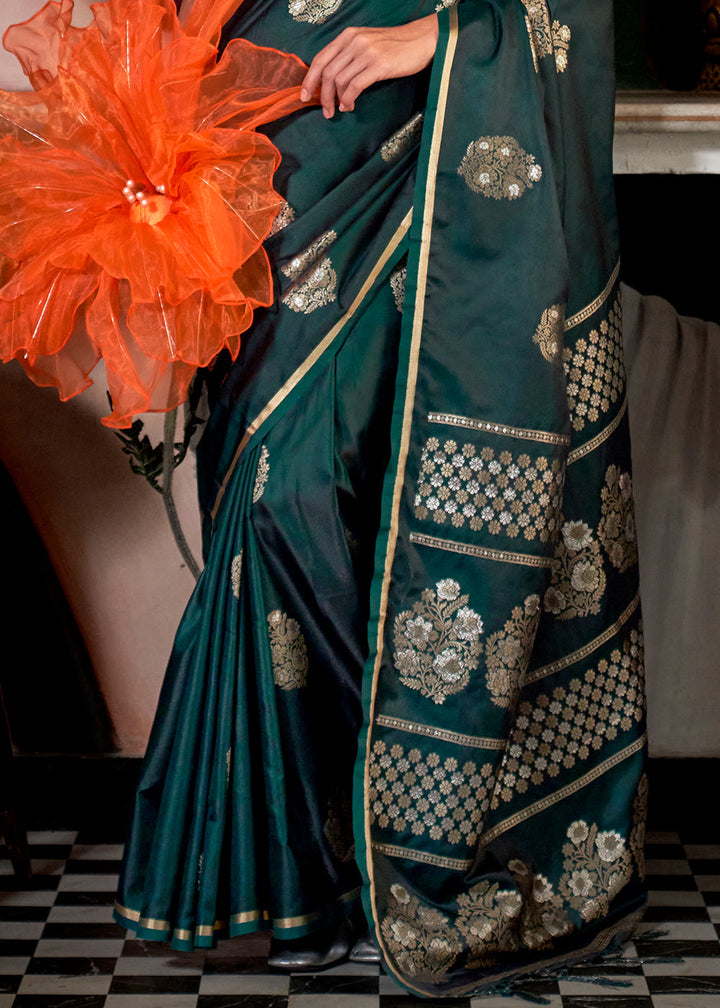 Beautiful Sacramento Green Zari Woven Satin Silk Saree with Intricately Designed Brocade Blouse