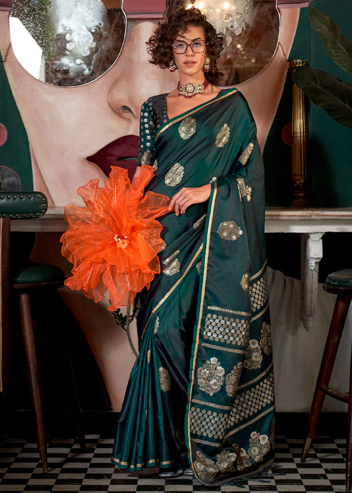 Beautiful Sacramento Green Zari Woven Satin Silk Saree with intricate Brocade Blouse