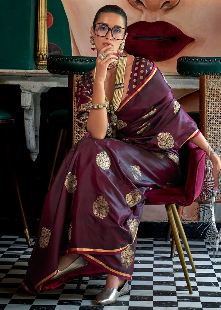  Elegant and luxurious Sangria Purple Zari Woven Satin Silk Saree with a stunning brocade blouse 