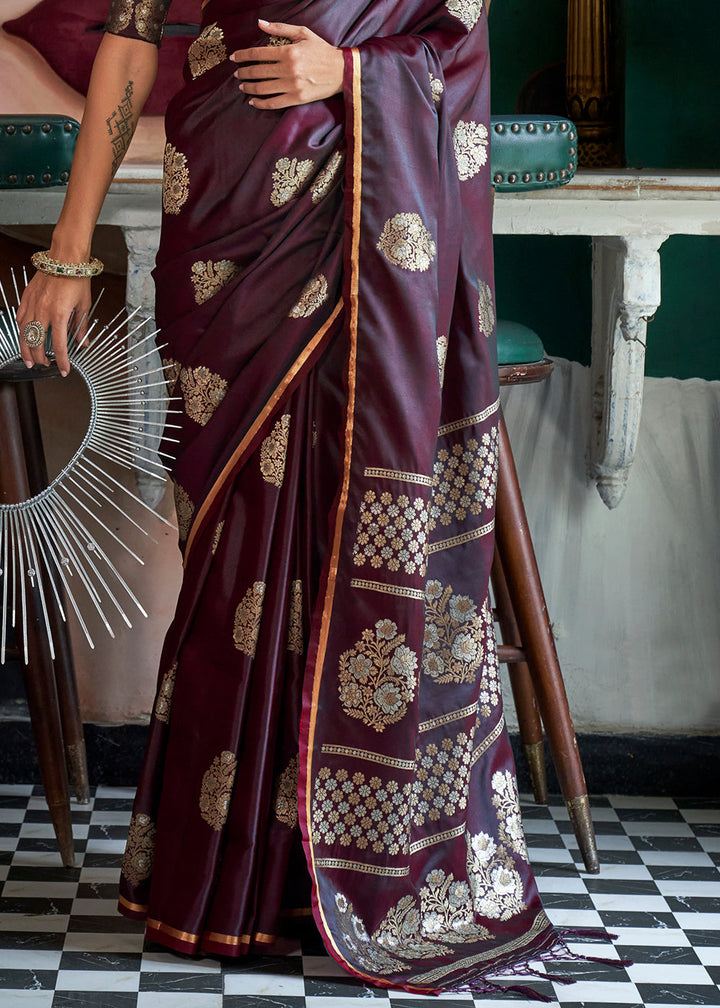  Luxurious Sangria Purple Zari Woven Satin Silk Saree with intricate zari weaving and a beautiful brocade blouse