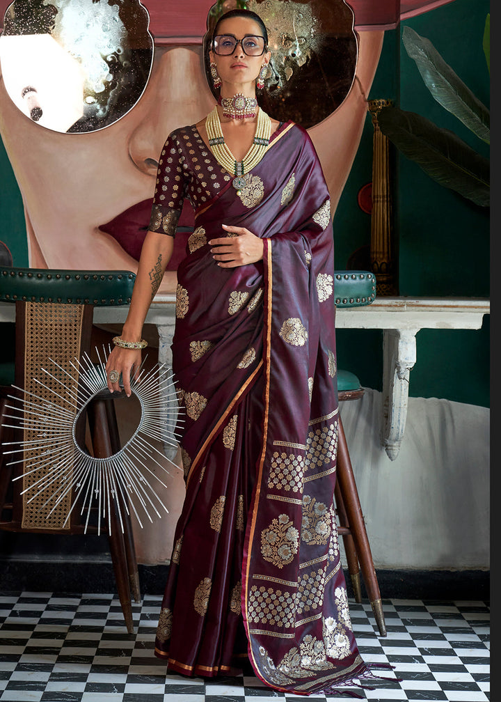 Sangria Purple Zari Woven Satin Silk Saree with Brocade Blouse featuring intricate zari weaving and a rich, deep purple color 