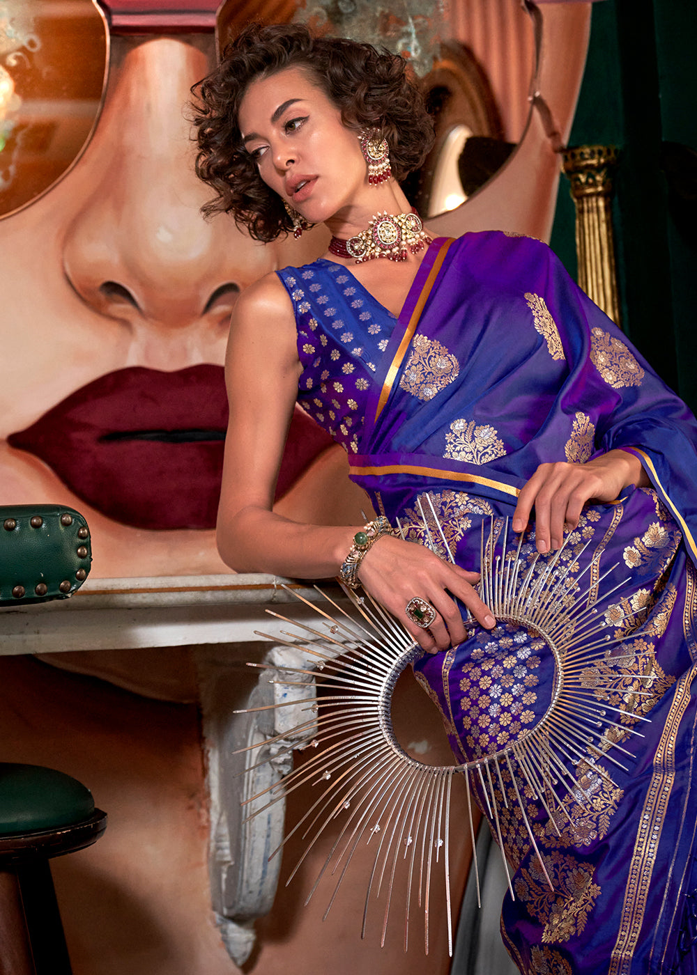  Elegant purplish blue zari woven satin silk saree with intricate brocade blouse 