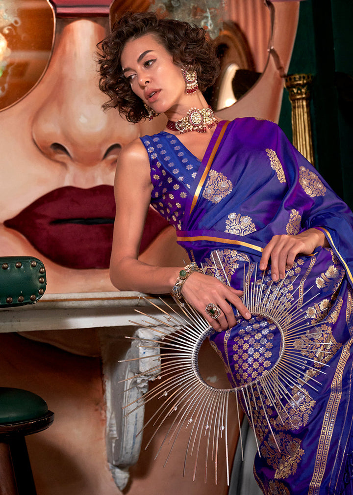 Purplish Blue Zari Woven Satin Silk Saree with Brocade Blouse