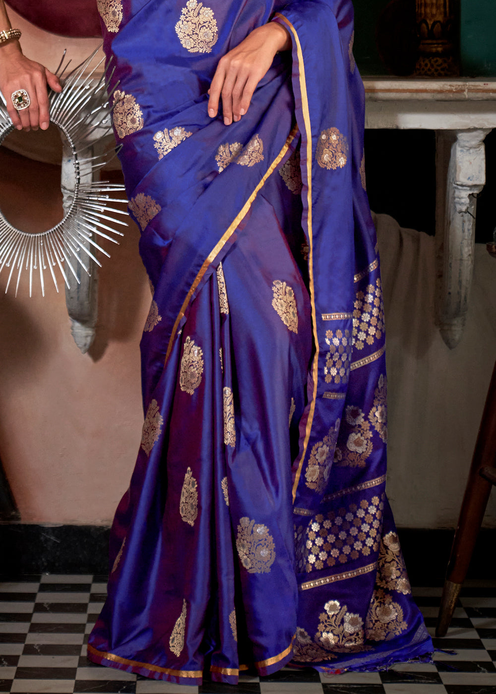  Traditional Indian purplish blue saree with golden zari weaving and matching brocade blouse